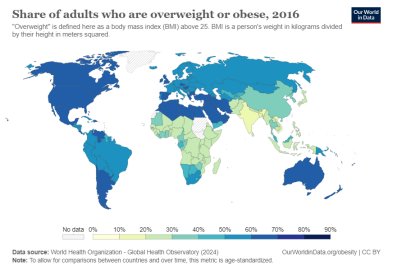 Map showing share of adults who are overweight or obese, 2016